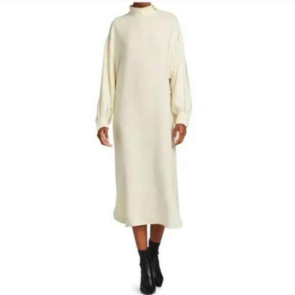 ST. JOHN SILK MINIMALIST BALLOON SLEEVES DRESS IN ALABASTER NWT - Picture 2 of 16